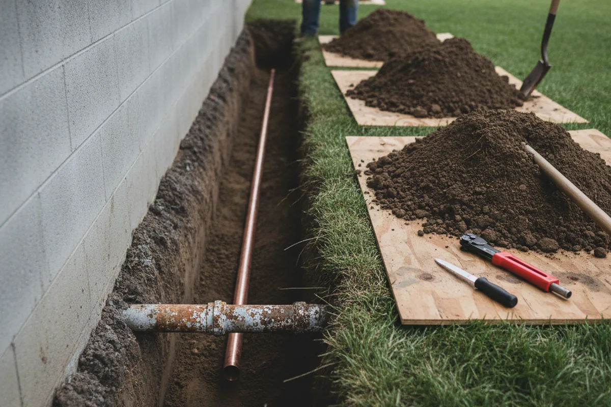 Excavated water line trench during Water Softener Installation in Davison